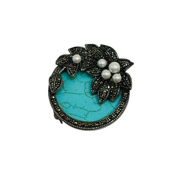 Vtg925 Sterling Turquoise Marcasite Flower Pearl Pin/Brooch 1.25"x1.25" 11.37 Gr - Picture 4 of 7